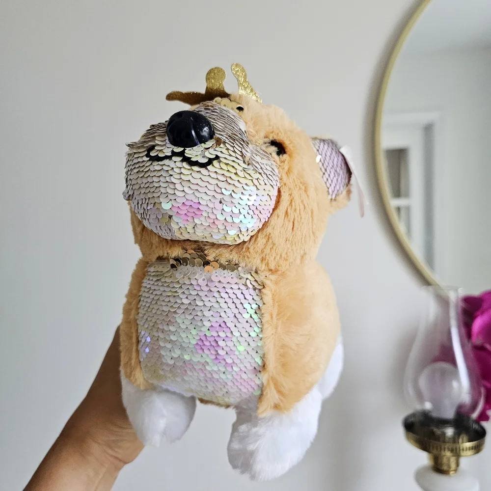 NWT Justice Corgi Plush Flip Sequin Puppy Gold Crown Cute Stuffed Dog